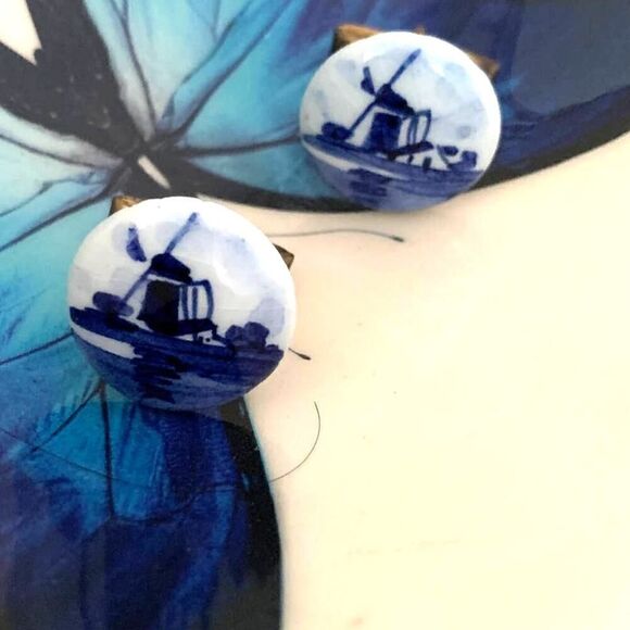 Pat #2920363 Blue & White German pottery Cuff links, Vintage - Picture 1 of 4